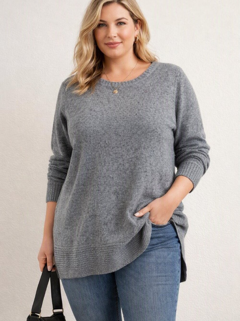 Lane Bryant Gray Crewneck Sweater with Rib Panels